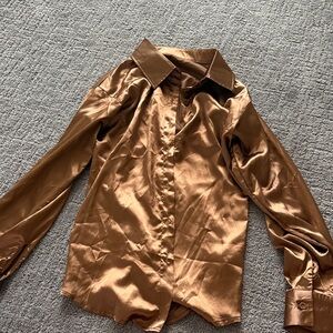 Satin Button-Up Shirt in Metallic Bronze